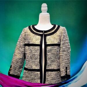 KASPER Tweed Dress Blazer Jacket w/ Shiny‎ Gold Sprinkles Black Trim 6 Petites P